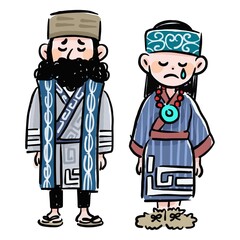 悲しんでいるアイヌ夫婦　イラスト