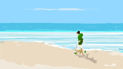 A girl walks a brown dog on the beach in front of a turquoise ocean in a green hoodie under a clear blue sky with white clouds, realistic minimalist illustration vector