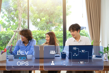 DevOps software development IT operation team work with agile gestures as programer development...