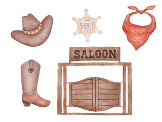 Hand drawing watercolor baby cowboy set. Wild west theme things isolated on white background. Sheriff star, hat and saloon door