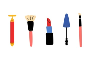 Makeup tools. Doodle women cosmetic products. Face blush and eyeshadow brushes. Lipstick or mascara. Glamour lady. Abstract minimalist sketch. Vector isolated female beauty accessories set