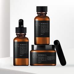 Vector 3D Illustration Tinted Brown Glass or Plastic Jar, Pump Bottle, Dropper Bottle, Hand Cream Tube Package Set with Minimalist Wrap Around Label Design.