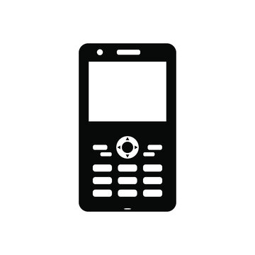 Black mobile phone icon and illustration. White screen and white background.