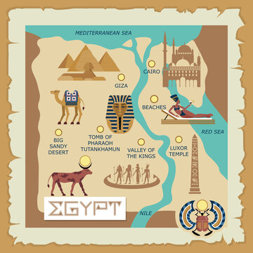 Egypt ancient map. Egyptian travel landmark. African country. Cairo or Luxor. Pharaoh tomb. Giza pyramids and Sphinx. Antique architecture. Vector background with cultural tourism icons
