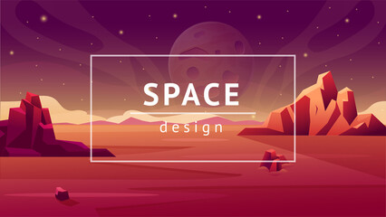 Space planet background. Mars panorama. Flat galaxy landscape with stars and moon surface. Abstract alien ground. Cosmos universe. Rocks and red desert. Cosmic scenery. Vector frame banner © Natalia