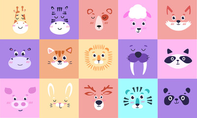 Animal baby face. Cute kid cards with square illustrations, funny heads, jungle characters portraits, childish posters doodle style. Hand drawn giraffe, walrus and raccoon. Cartoon design