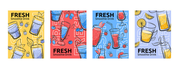 Healthy juice drink posters. Organic and detox green health diet beverages, eco cocktail ingredients. Summer lemonade. Fruit and berry drinks cards set. Vector hand drawn illustration © Natalia