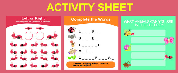 Activity sheet for children. Educational printable worksheet. Animals worksheet theme. Vector illustrations.