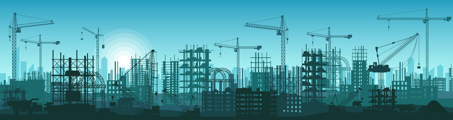 Construction site with silhouettes of equipment, concrete structures and cranes urban landscape vector illustration. Unfinished tall commercial office skyscrapers. City development building process.