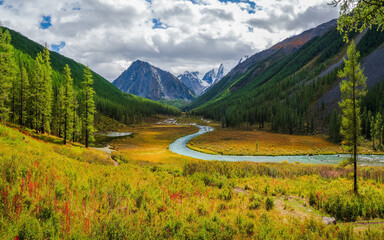 Awesome alpine view to mountain valley with river in sunlight and great mountain silhouettes on horizon. Colorful green landscape with silhouettes of big rocky mountains and epic deep gorge. © sablinstanislav