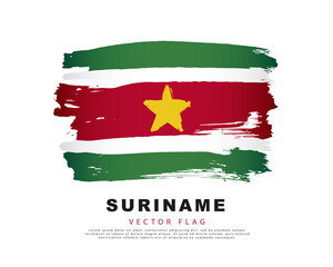 Flag of Suriname. Green, white and red brush strokes drawn by hand. Vector illustration on a white background.