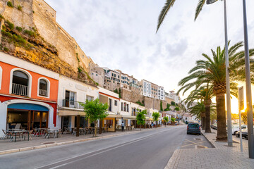 The outer walls of the historic hilltop town of Mahon or Mao, Spain, on the Mediterranean Balearic island of Menorca.