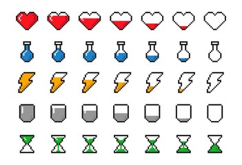 Set of game items scale. Pixel icons with heart, lightning, potion, hourglass and shield with different fill levels. Symbols of health, energy, protection or magic. Cartoon simple vector collection
