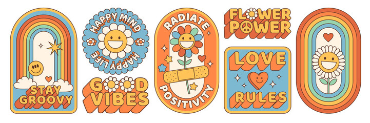 Groovy hippie 70s stickers. Funny cartoon flower, rainbow, peace, Love, heart, daisy, mushroom etc. Sticker pack in trendy retro psychedelic cartoon style. Flower power. Good vibes. Stay groovy. - obrazy, fototapety, plakaty