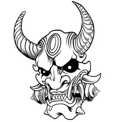Oni mask japan tattoo style in black and white