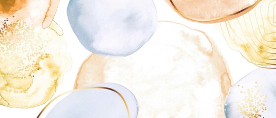 Elegant watercolor, ink vector background with white, beige, yellow, blue. Golden splatters, lines. Design for cover, invitation template, wedding card, menu design.  