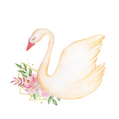 Watercolor delicate white swan with a bouquet