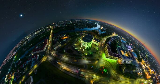 circular rotation with twisting of night landscape of city from the height of flight into tiny planet
