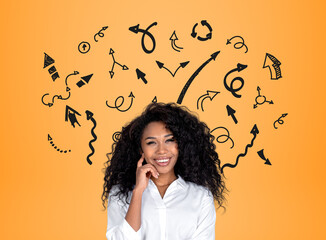 Black businesswoman thinking, arrows with different direction and choice
