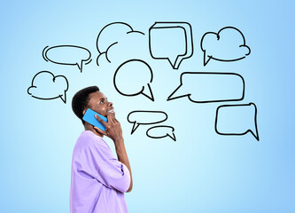 Young black man talking on the phone, copy space bubble thoughts
