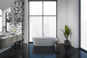 Modern bathroom interior bathtub and double sink, panoramic window