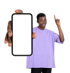 African man show mockup display smartphone, isolated over white