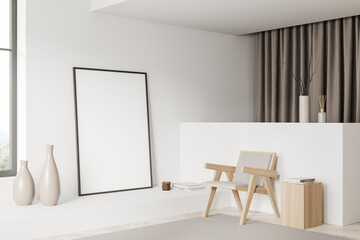 Light relax room interior with armchair and decoration, window. Mockup frame