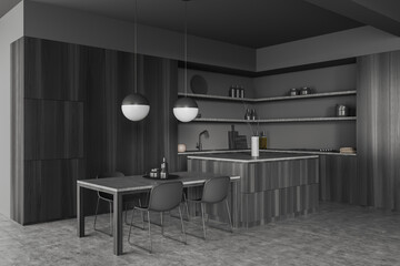 Grey kitchen interior with countertop, table and seats, shelf with kitchenware