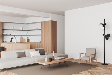 Light kitchen interior with sofa and countertop, kitchenware. Mock up