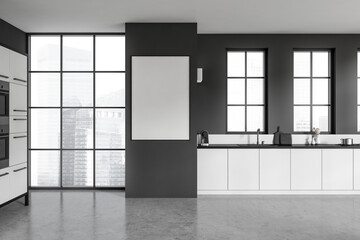 Fototapeta premium Dark kitchen room interior with cupboard, empty white poster