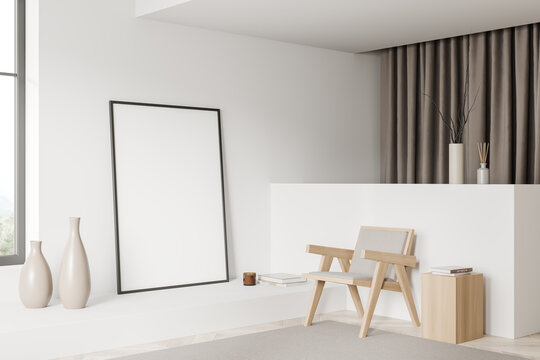 Light relax room interior with armchair and decoration, window. Mockup frame
