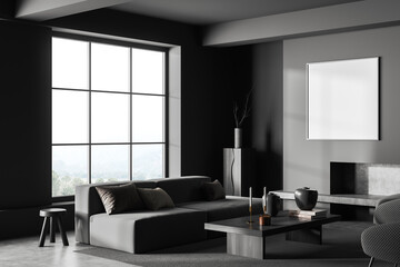 Naklejka na ściany i meble Grey guest interior with couch and panoramic window, fireplace and mockup frame
