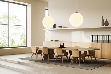 Light office interior with chairs, table on podium, shelf and panoramic window