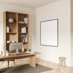 Light office room interior with workplace and shelf. Mockup frame