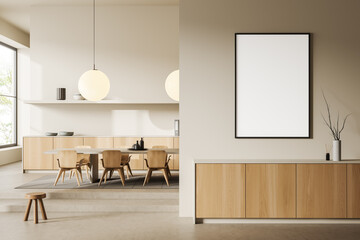 Light meeting room interior with chairs and table, panoramic window. Mockup frame