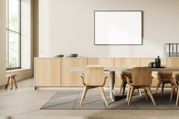 Light living room interior with chairs and table, panoramic window. Mockup frame