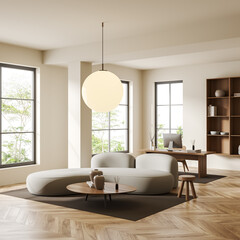 Business interior with lounge zone and work table, shelf and panoramic window