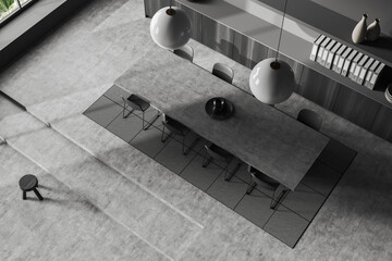 Top view of grey meeting interior with chairs, table and dresser with documents
