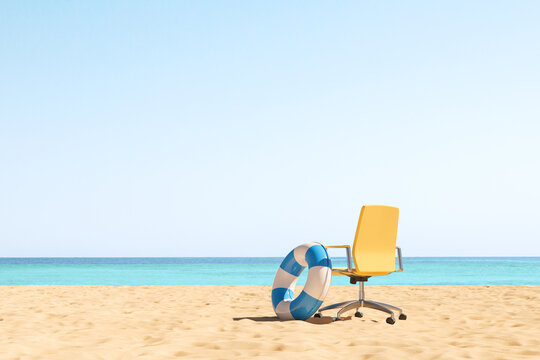 Office armchair and rubber ring on a beach, vacation. Copy space
