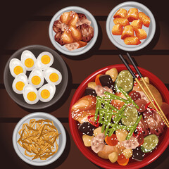 five japanese food plates