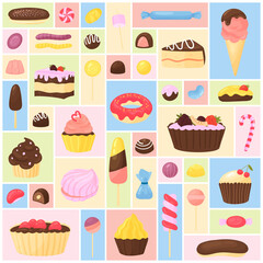 Sweet desserts set vector illustration. Cartoon confectionery and bakery menu collection with delicious cake muffin cupcake jelly candy donut lollipop eclair ice cream in geometric collage background