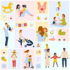 Happy father, mother and children characters set vector illustration. Cartoon parents hug and talk with kids, hands of child giving heart and love, baby toys and pram in geometric collage background