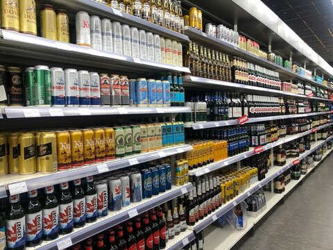 7.07.2022 Ukraine, Kharkiv, a shelf in a supermarket with canned beer
