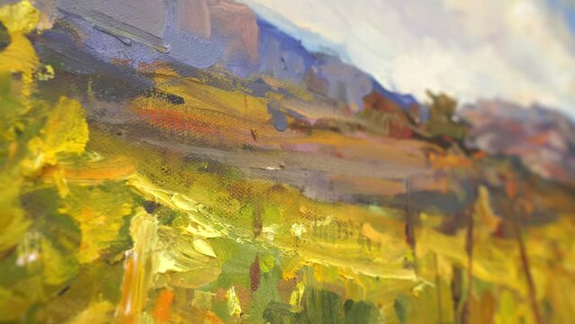 A painting by a professional impressionist artist, artwork. Oil on canvas. Painting, impressionism. Autumn landscape, yellow vineyards
