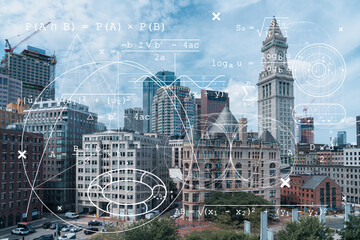 Financial downtown city view panorama of Boston from Harbour area at day time, Massachusetts. Technological and educational concept. Academic research and top ranking universities, hologram