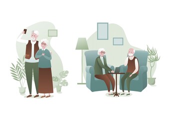 Old people with technology in flat style