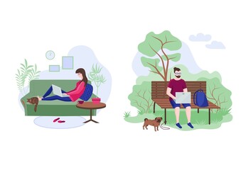 Freelancer working at home and in the park