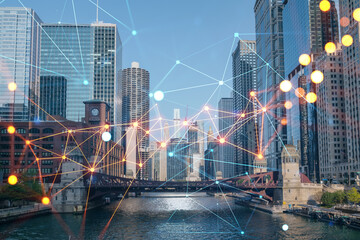 Panorama cityscape of Chicago downtown and Riverwalk, boardwalk with bridges at day time, Illinois, USA. Social media hologram. Concept of networking and establishing new people connections
