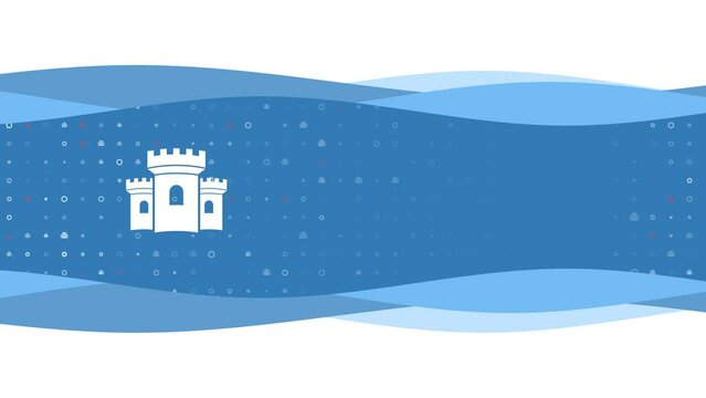 Animation of blue banner waves movement with white castle symbol on the left. On the background there are small white shapes. Seamless looped 4k animation on white background