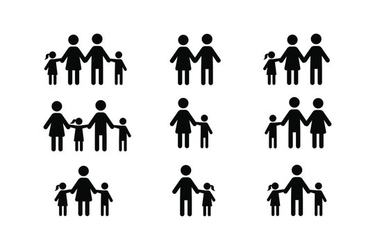 Vector image of a family. Icon of a large family consisting of a father, mother, daughter and son. A set of icons of various families